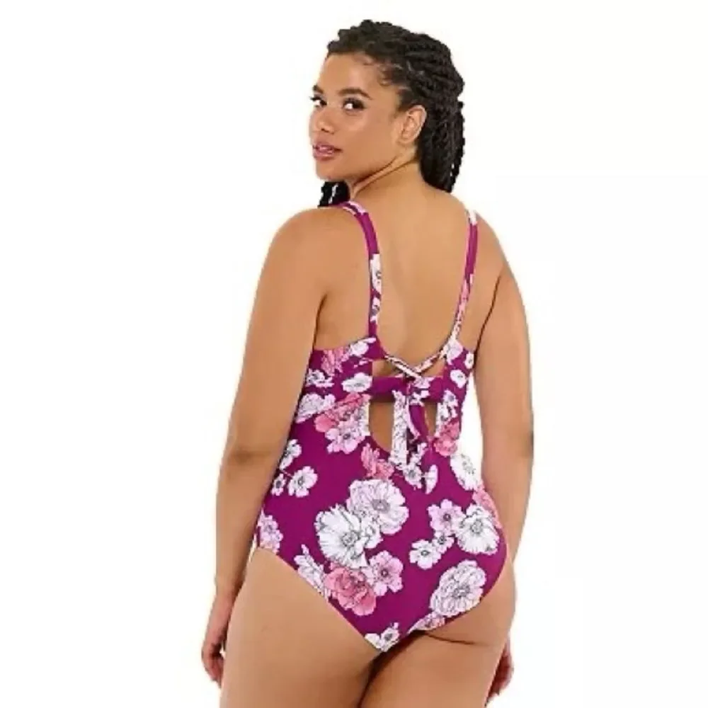 Freshwater Surplice Lace-Back One-Piece Swimsuit Plus Size 2X Purple Floral - Picture 14 of 16